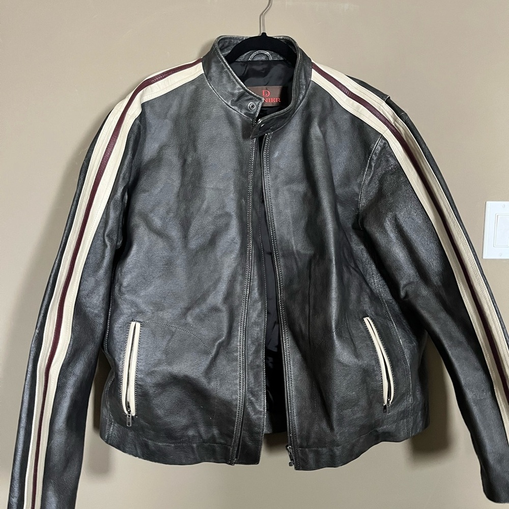 Danier Black Leather Bomber Jacket with White and Red Stripes